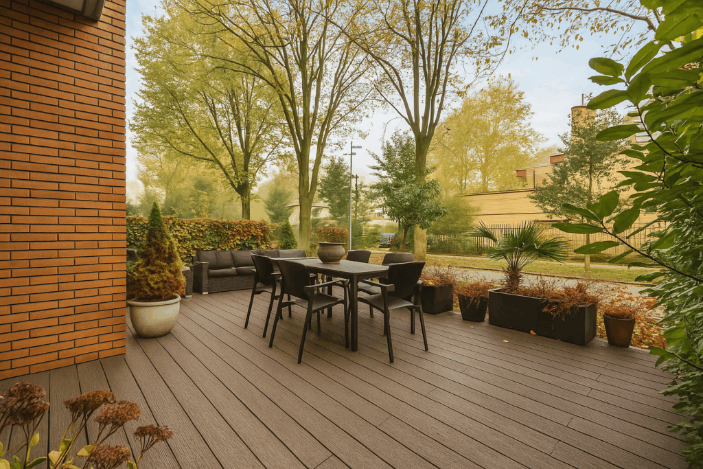 Holzterrasse mit Sitzbereich im Garten