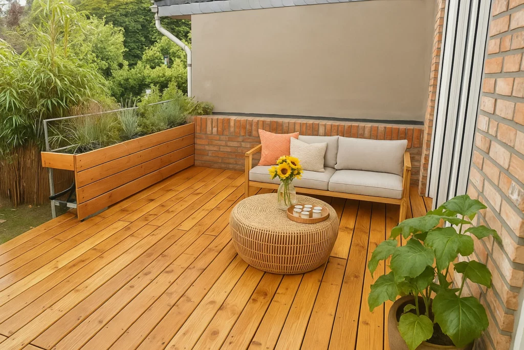 Holzterrasse mit Sitzbereich im Garten